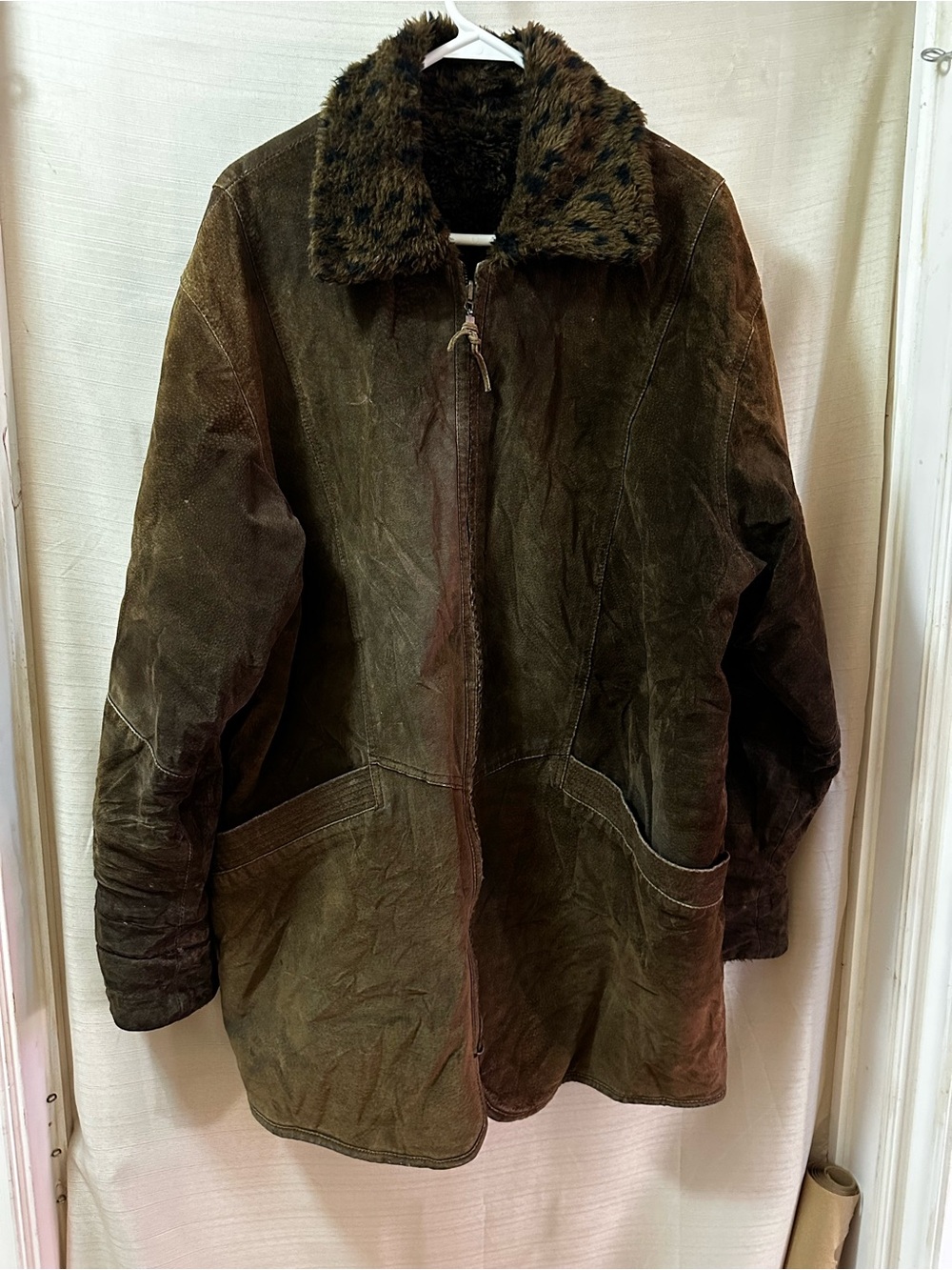 Vintage Y2K Women’s Reversible Genuine Leather Leopard Faux Fur Coat Warm Jacket